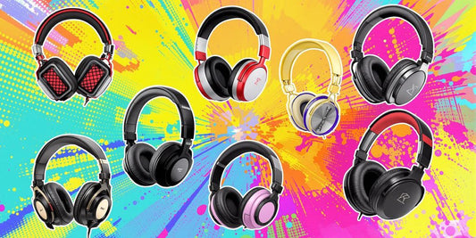 Colorful headphones for beatmaking on a dynamic background.