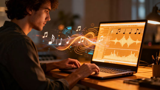 AI music creation on a laptop.