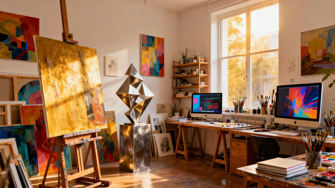Art studio with various art forms and tools.