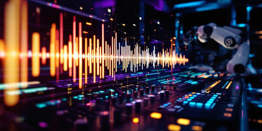 AI DJ mixing music in futuristic studio.