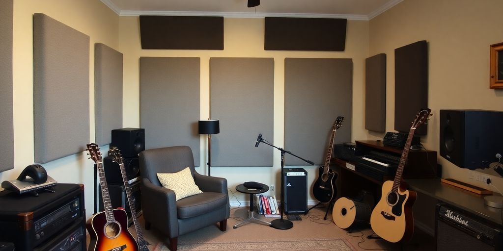 Cozy home studio with soundproofing panels and instruments.