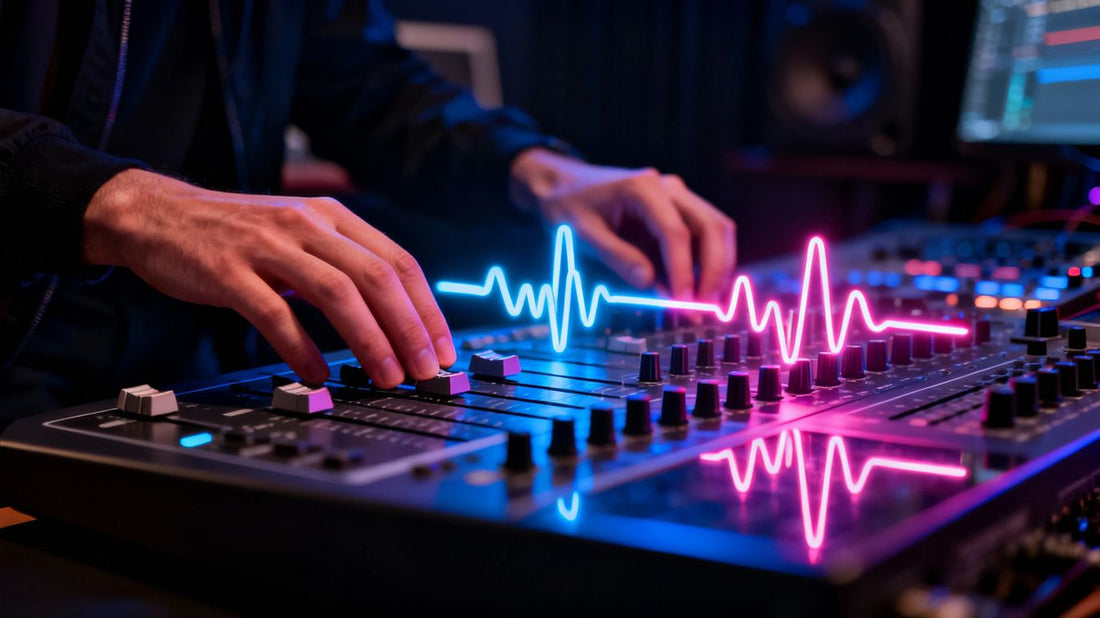 Producer hands on mixing board with neon sound waves.
