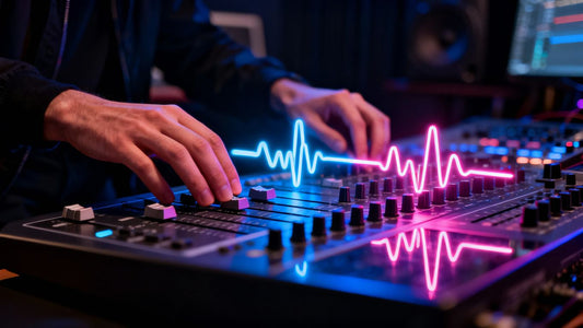 Producer hands on mixing board with neon sound waves.