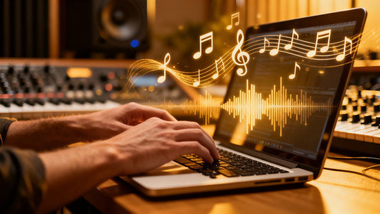 Hands creating music on a laptop with sound waves.