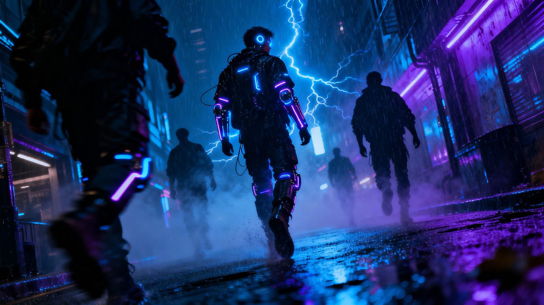 Cyberpunk urban street with neon lights and cybernetic figures.