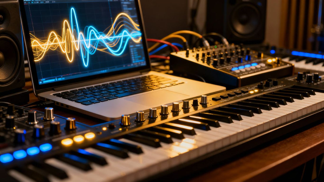 AI music production tools in a modern studio.