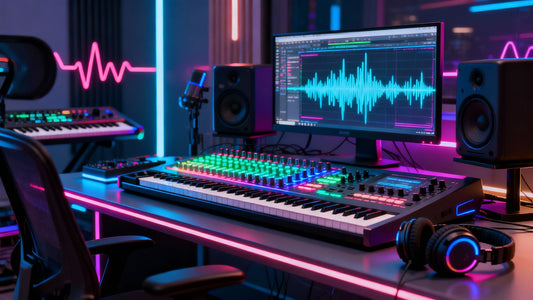 Futuristic AI music studio with high-tech beatmaking gear