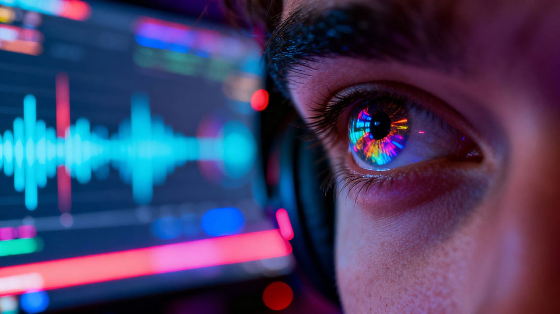 Gamer's eyes reflecting colorful gaming visuals and sound waves.
