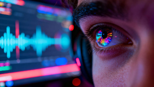 Gamer's eyes reflecting colorful gaming visuals and sound waves.