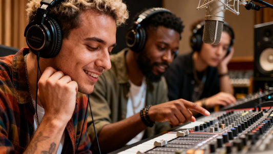 Artists listening to beats in a recording studio.