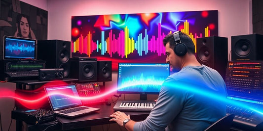 Producer with laptop and virtual instruments in studio.