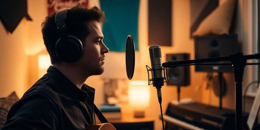 Home recording setup with microphone and headphones.