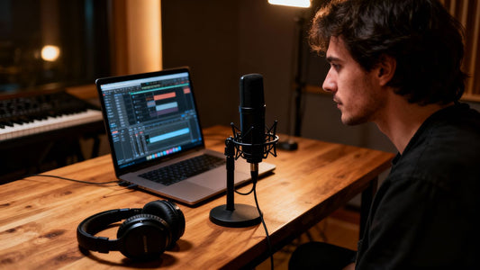 Producer working on music with laptop and microphone.