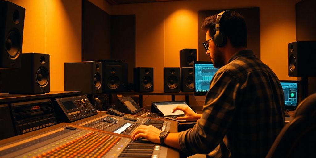 Sound engineer mastering tracks in a professional studio.