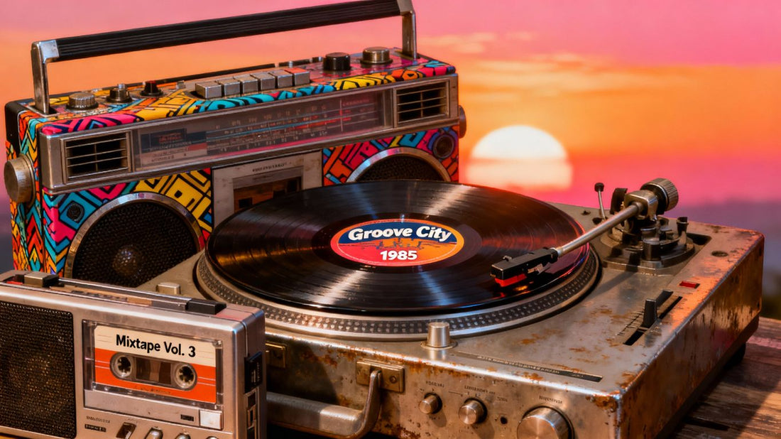 Vintage audio equipment collage with sunset background.