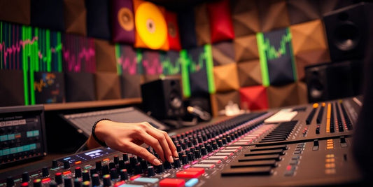 Music producer adjusting a mixing console in a studio.