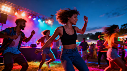 People dancing at a music festival at night.