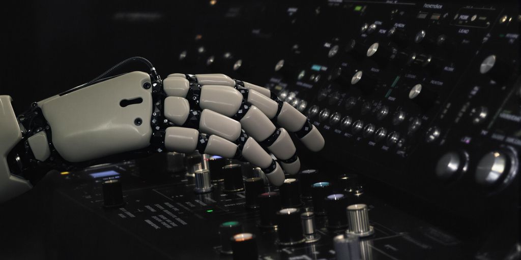 Robot hand manipulating music production equipment.