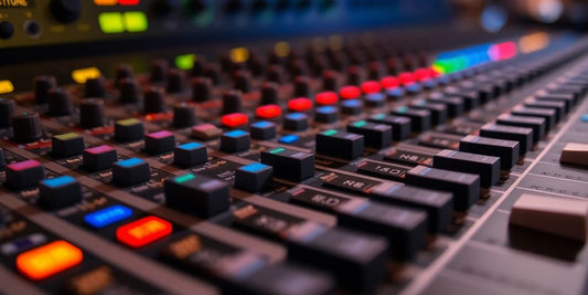 Sound mixing console with faders and knobs.