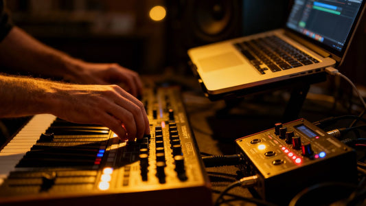 Beatmaker hands working on music production equipment.