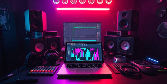 Laptop with FL Studio, drum pads, and headphones.