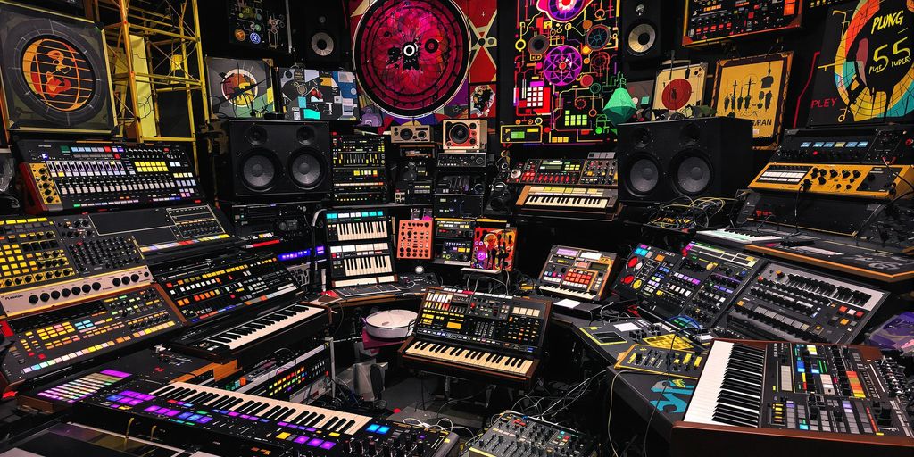 Colorful music studio with synthesizers and drum machines.