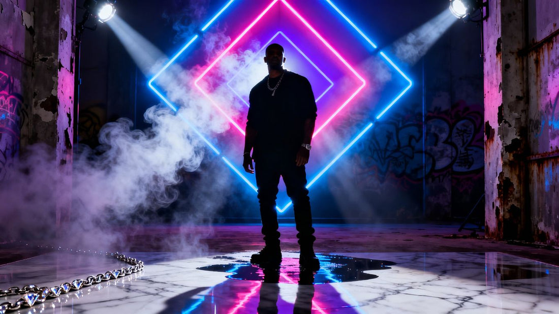 R&B Trap music artist in a neon-lit studio.