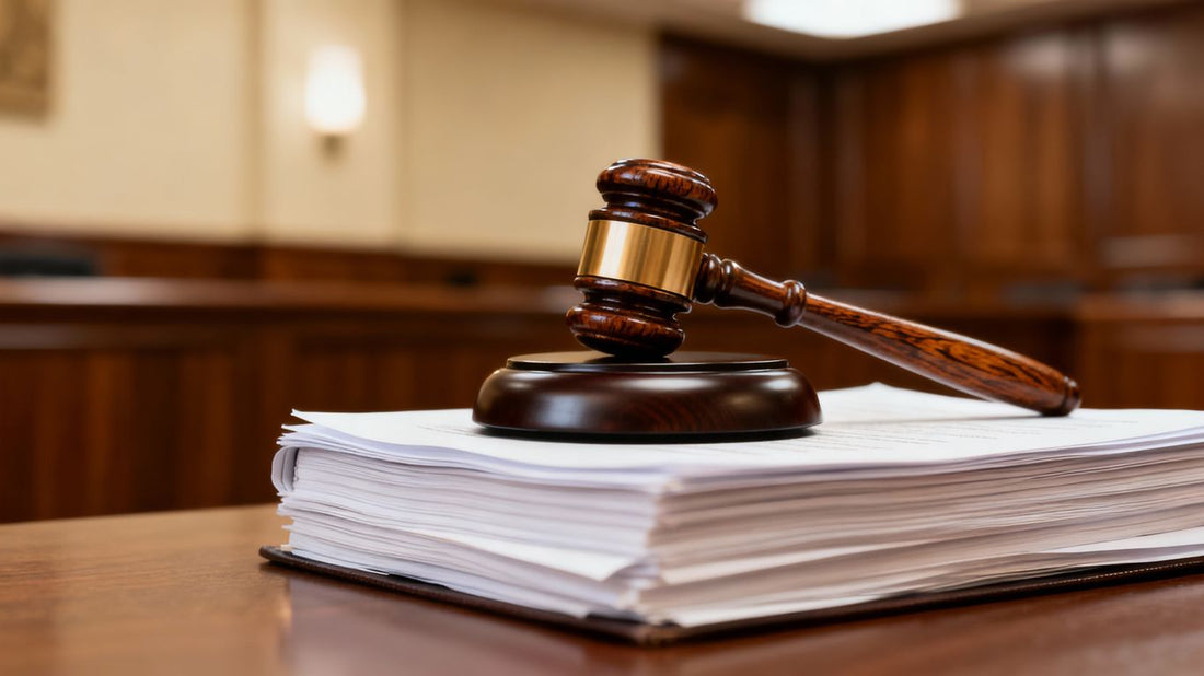 Gavel on legal documents in a courtroom.