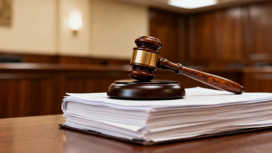 Gavel on legal documents in a courtroom.