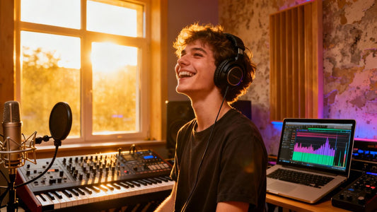 Artist in studio with headphones, inspired by music.