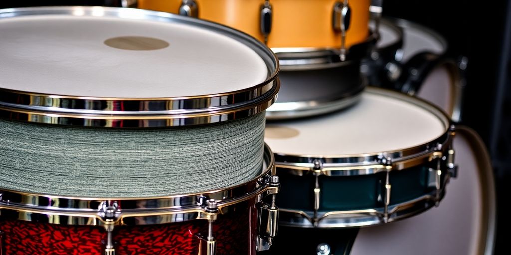 Multiple snare drums layered together in vibrant colors.