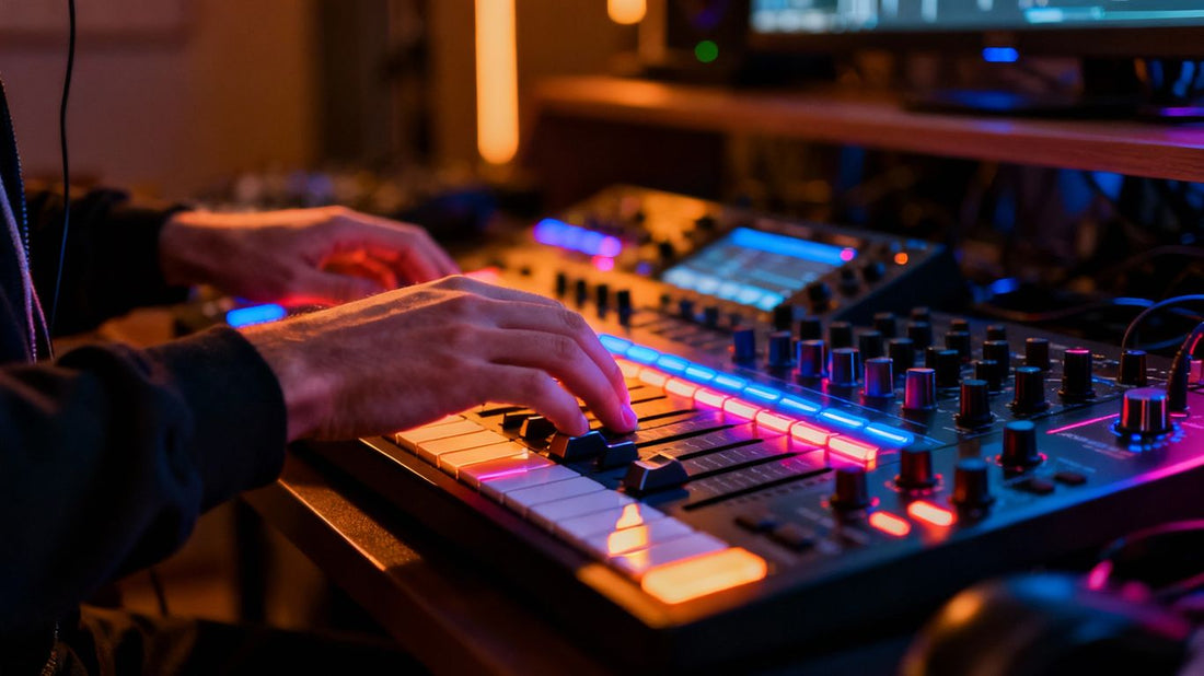 Beatmaker hands on music controller with neon lights.