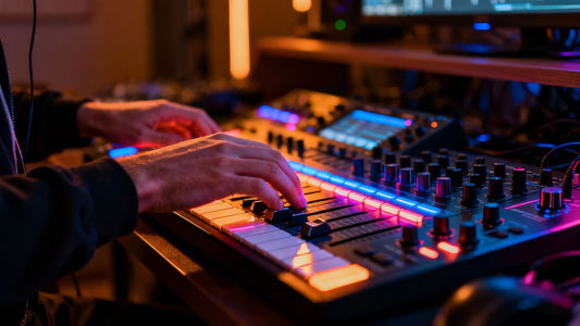 Beatmaker hands on music controller with neon lights.