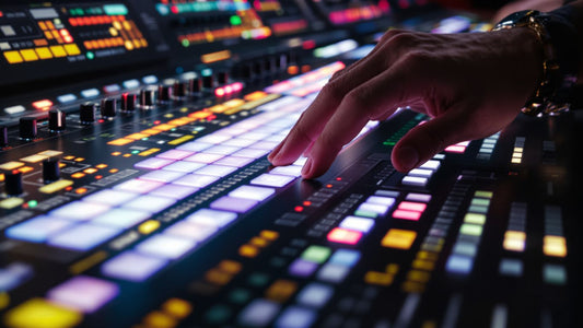 Producer's hands on a futuristic beatmaking machine.