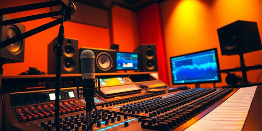Audio mixing equipment in a warm-lit studio setting.