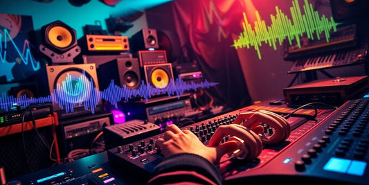 A music producer working with instruments and equipment.