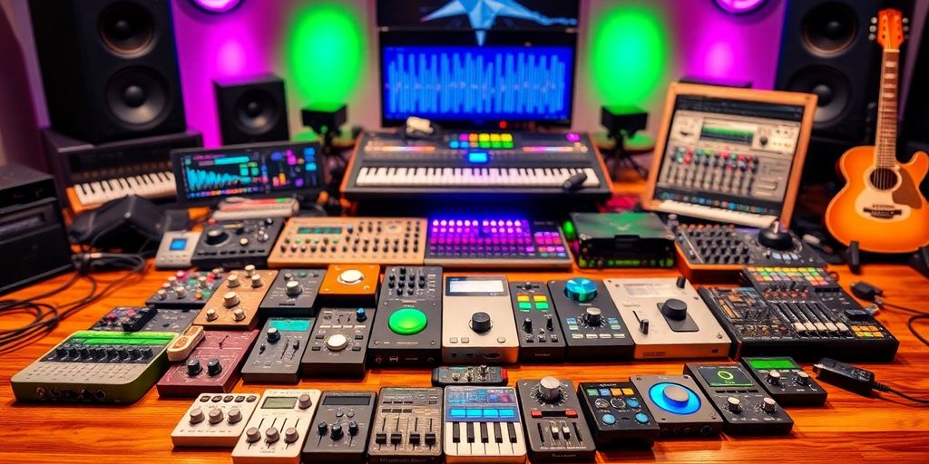 Colorful collage of VST plugins and music equipment.