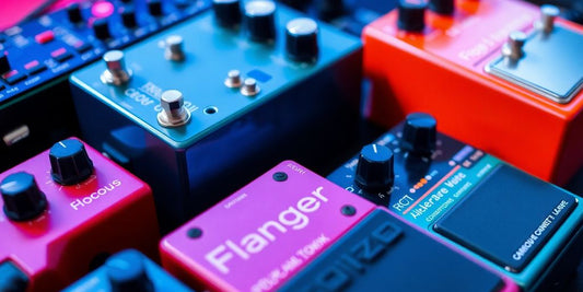 Close-up of audio effects pedals for music production.