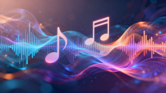 Abstract sound waves transforming into musical notes.