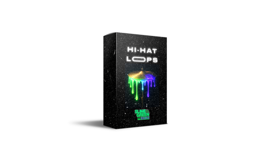 Hi-Hat Loops kit box with neon dripping hi-hat and Slime Green Beats logo.